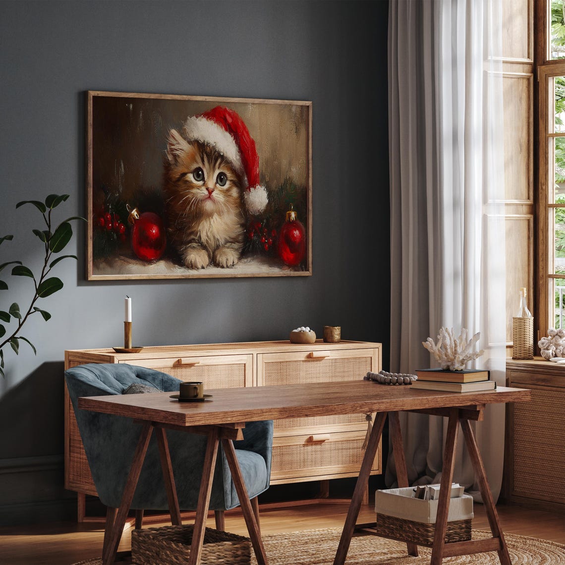 Adorable Tabby Kitten Santa Hat Red Ornaments Christmas Wall Art - Image 2