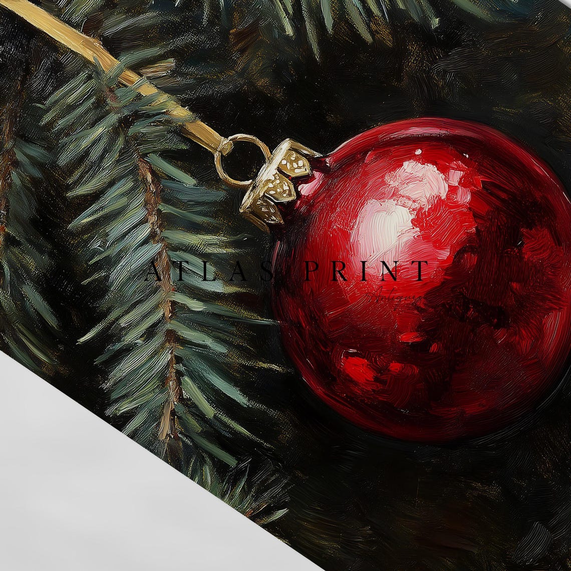 Red Christmas Ornament On Gold Ribbon Pine Branch Oil Art Print - Image 4