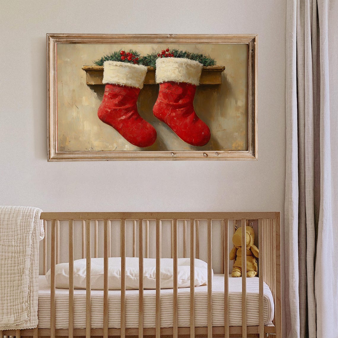 Vintage Red Christmas Stockings Hanging On Rustic Mantel Wall Poster - Image 4