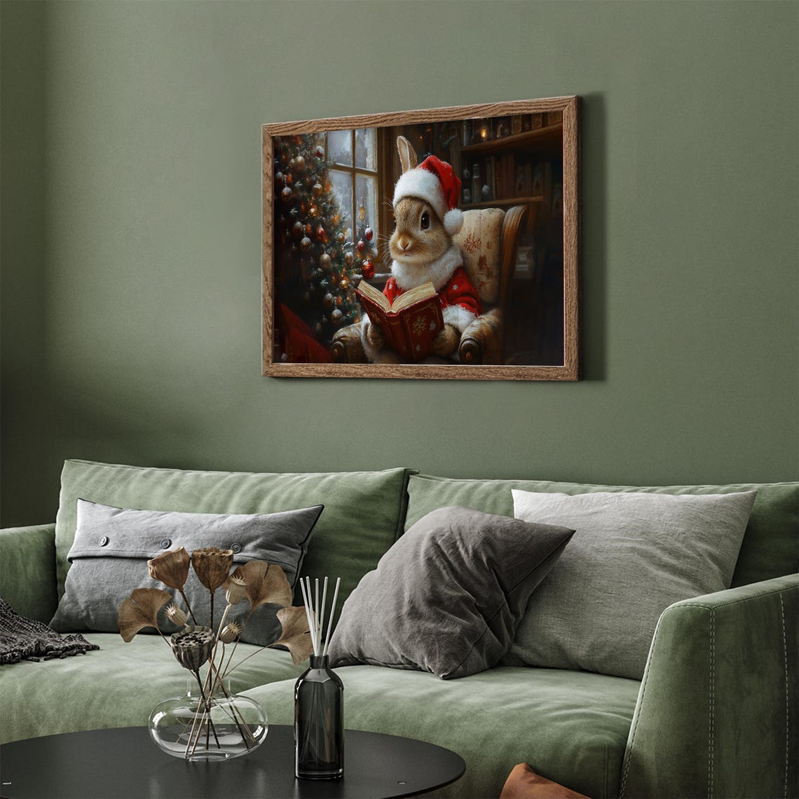 Cozy Bunny Reading Book Christmas Tree Fireplace Holiday Wall Art - Image 3