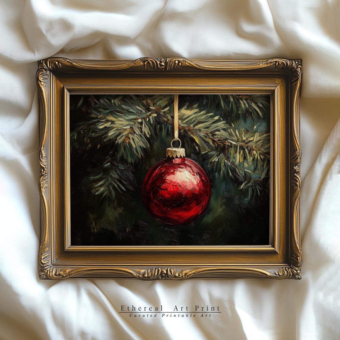 Red Bauble Ornament Dark Evergreen Branch Christmas Painting Wall Art - Image 3