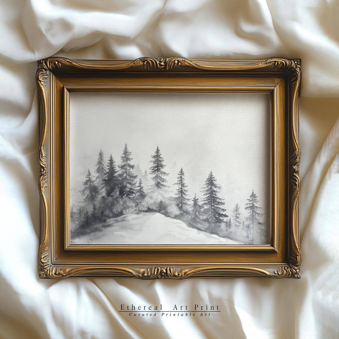 Foggy Pine Trees Sketch Winter Forest Gray Landscape Wall Art - Image 2