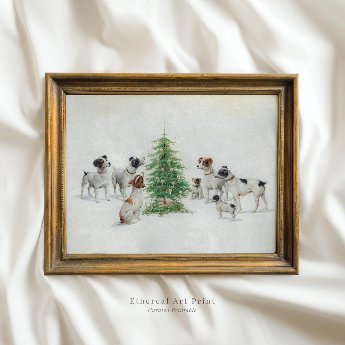 Dogs Around Christmas Tree Vintage Holiday Puppy Oil Painting Print