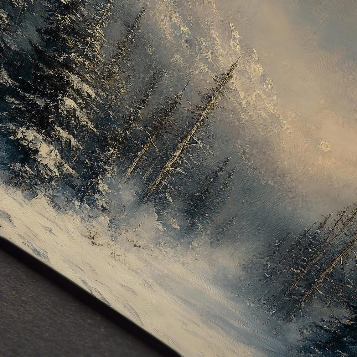 Snow Covered Pine Forest Painting Misty Winter Mountain Wall Art - Image 4