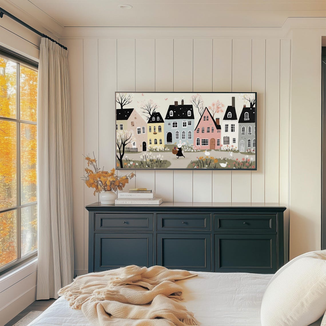 Pastel Easter Town Houses Bunny Carrying Egg Basket Folk Art Print - Image 4