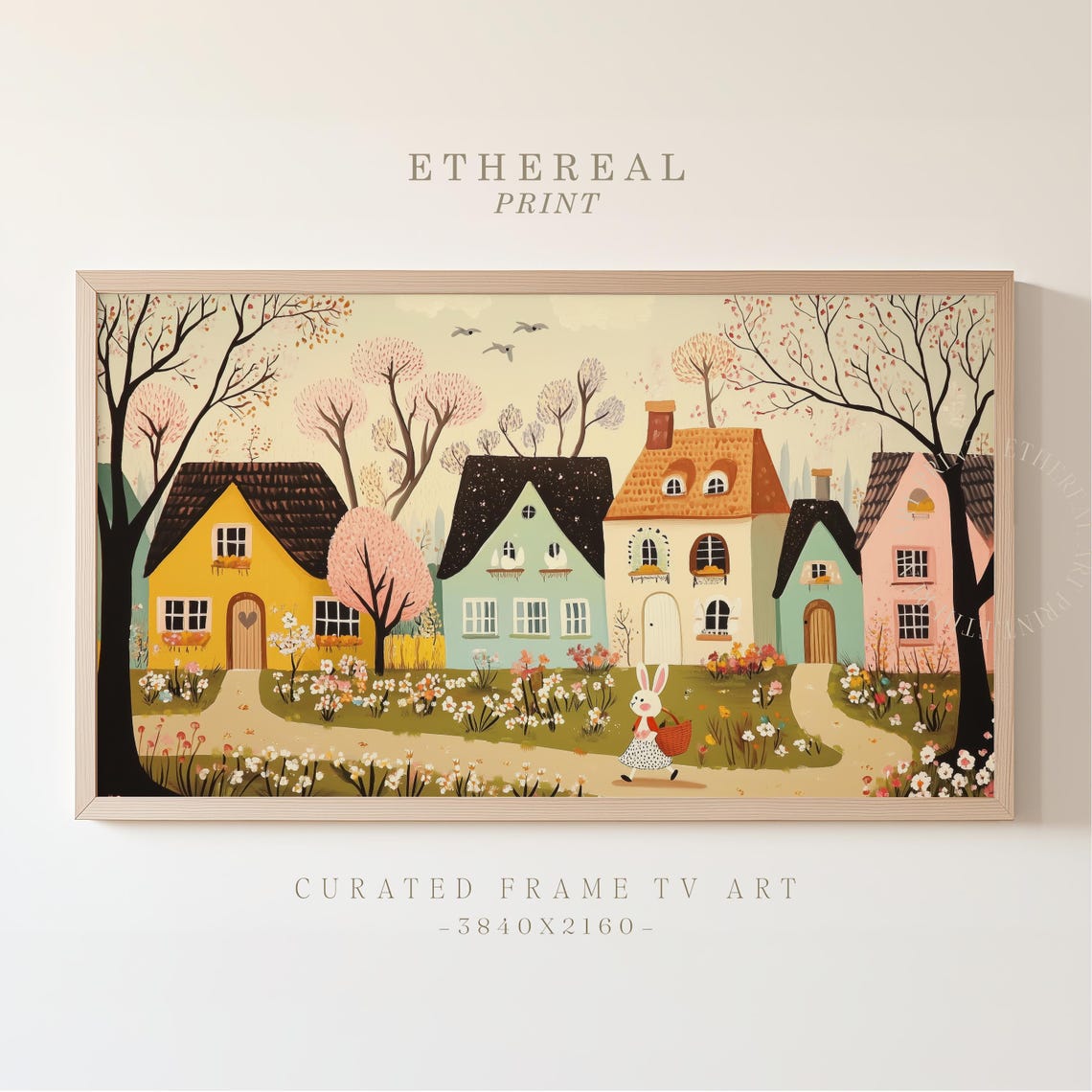 Storybook Easter Village Cottages Bunny With Basket Spring Print