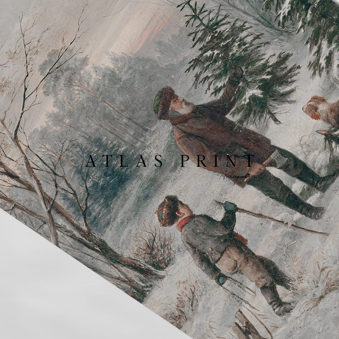 Cutting The Christmas Tree Vintage Winter Forest Oil Painting Print - Image 4