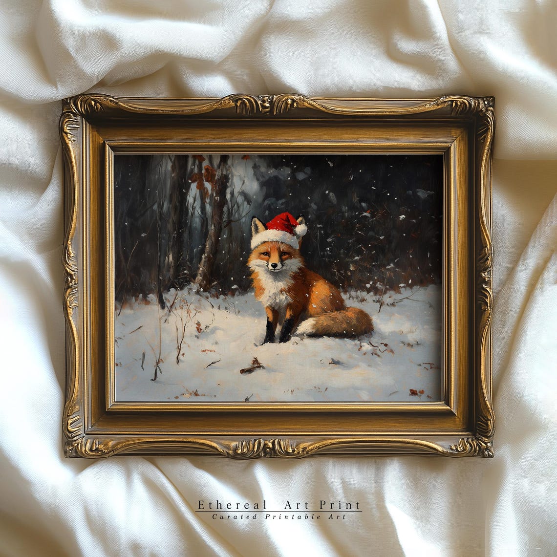 Charming Red Fox Santa Hat Snowy Woodland Christmas Print Art - Image 3