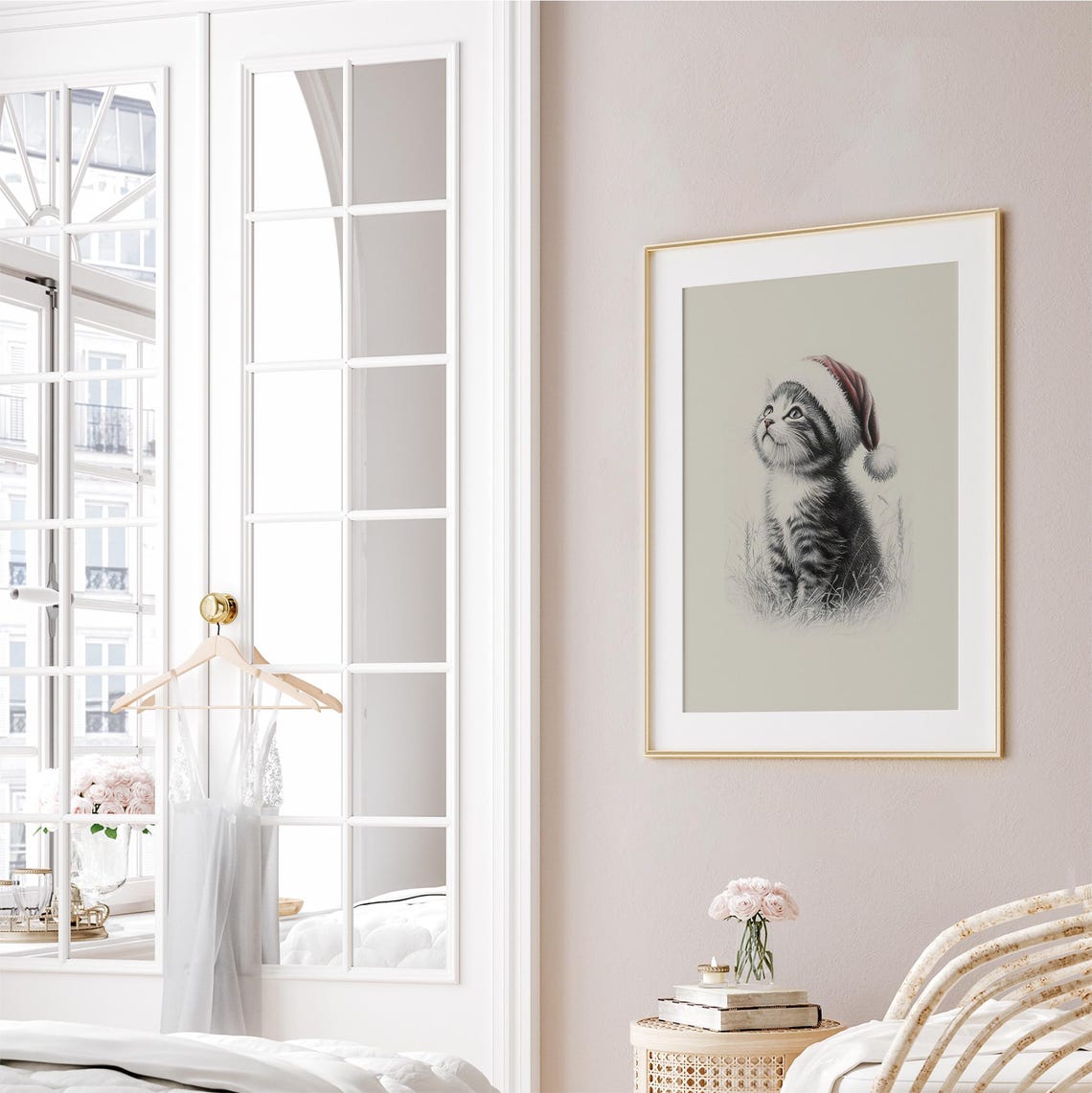 Cute Kitten With Santa Hat Sketch Print Neutral Christmas Nursery Wall Decor Vintage Winter Wall Art Cat Drawing Prints - Image 3