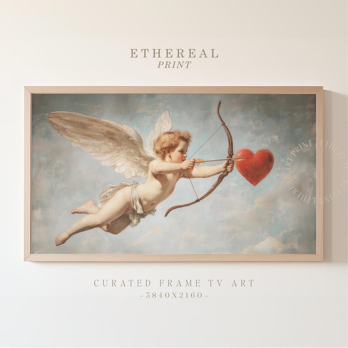 Vintage Cupid With Bow Aiming At Red Heart Romantic Painting Wall Art