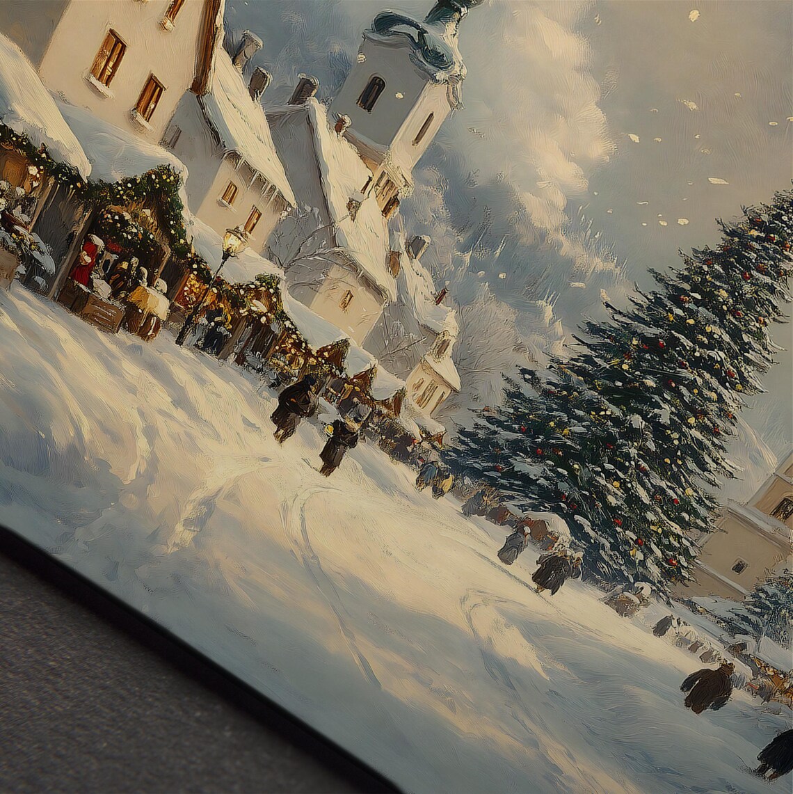 Snowy Christmas Village Square Big Tree Vintage Holiday Art Print - Image 4