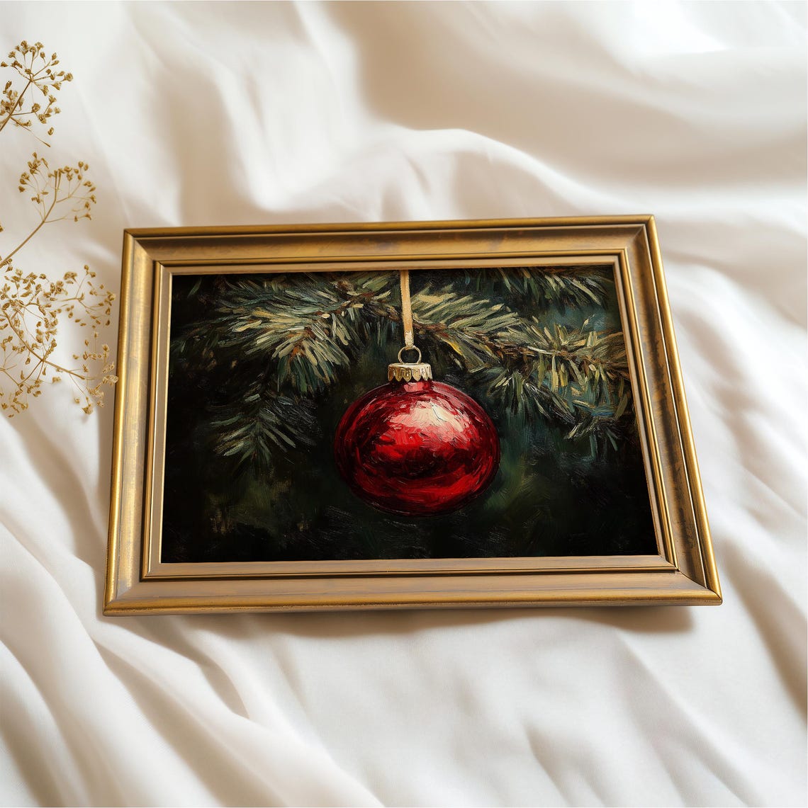 Red Bauble Ornament Dark Evergreen Branch Christmas Painting Wall Art - Image 2