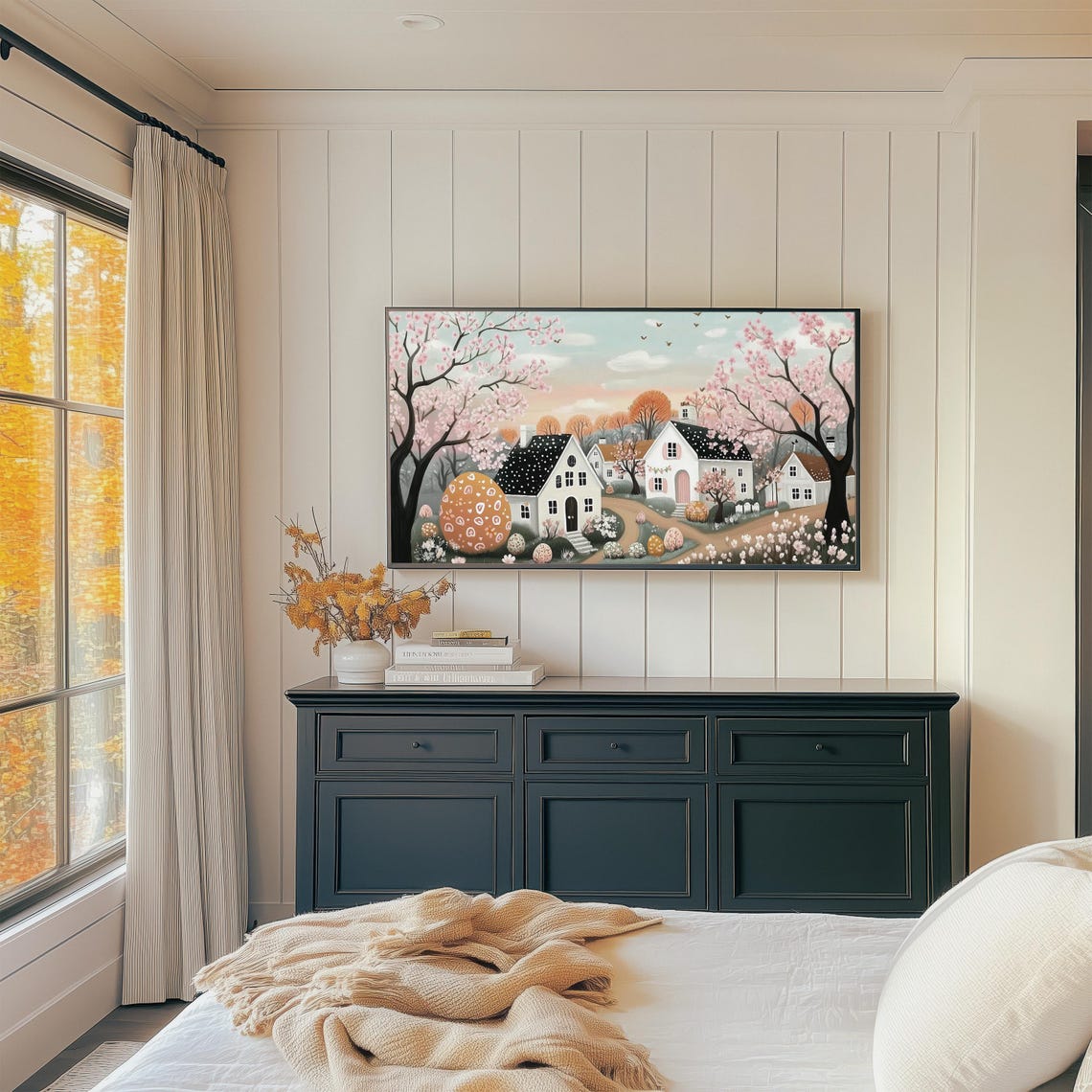 Cherry Blossom Village With Decorated Easter Eggs Spring Folk Wall Art - Image 3