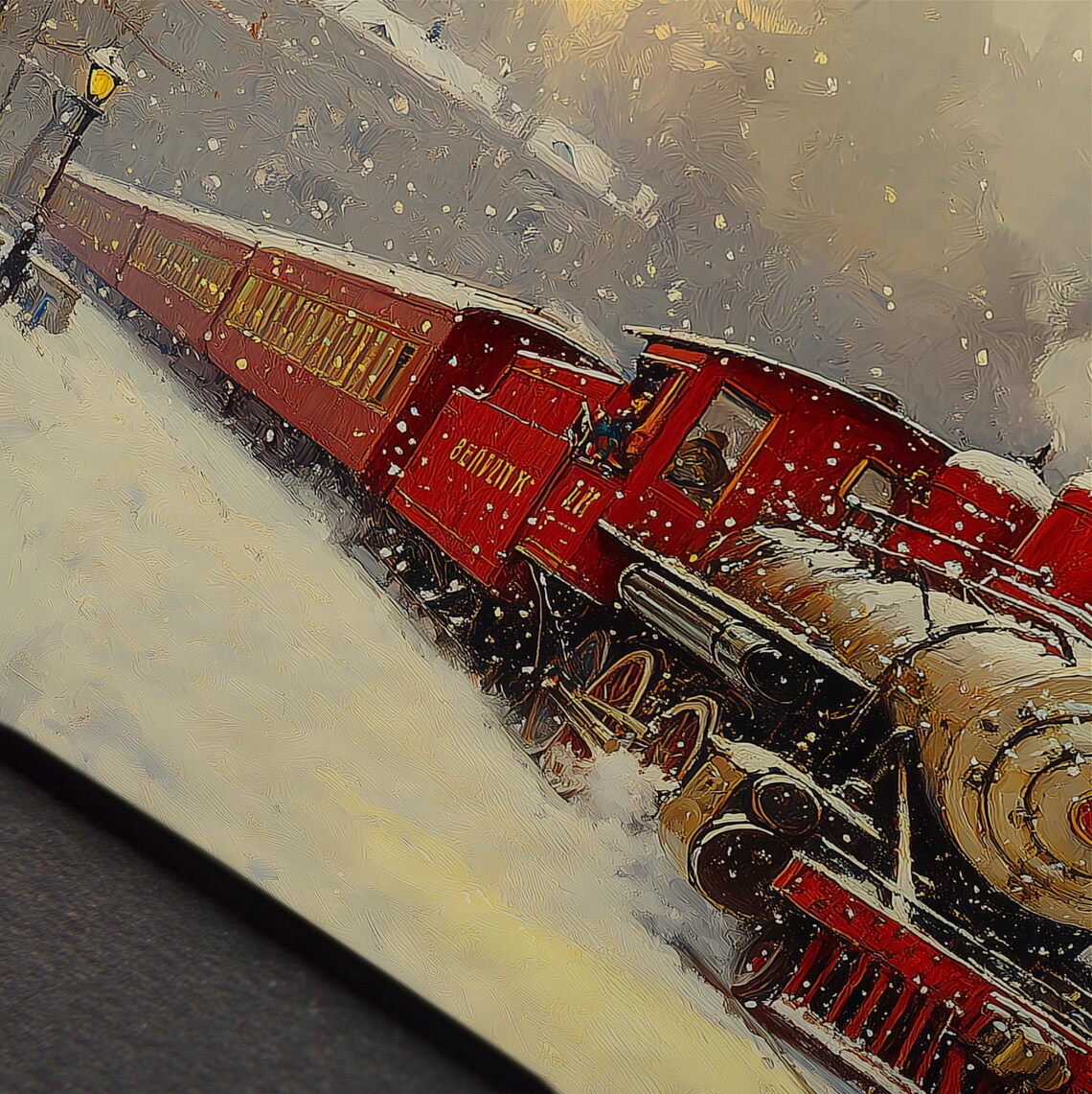 Vintage Red Steam Locomotive Snowy Winter Landscape Painting Print - Image 4