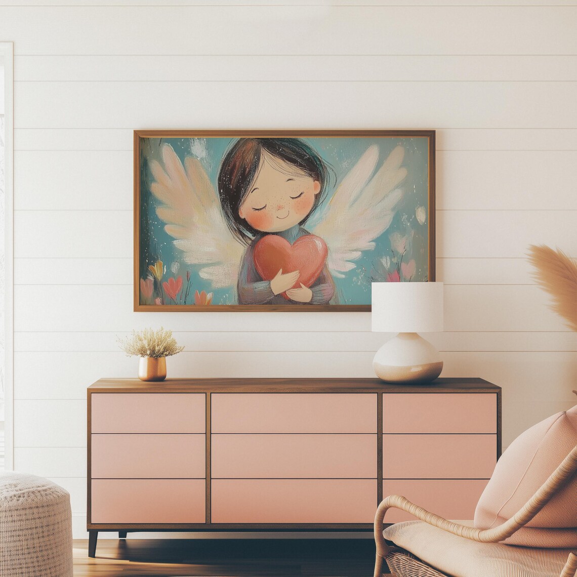 Whimsical Cupid Angel Girl Holding Red Heart Tulip Meadow Art Print - Image 2