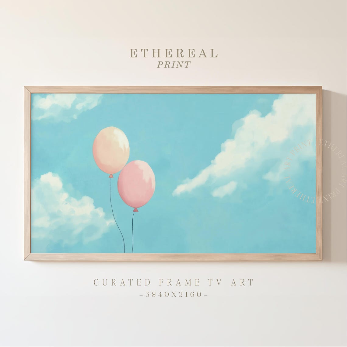 Two Pastel Pink Balloons Floating In Bright Blue Sky Minimal Wall Art