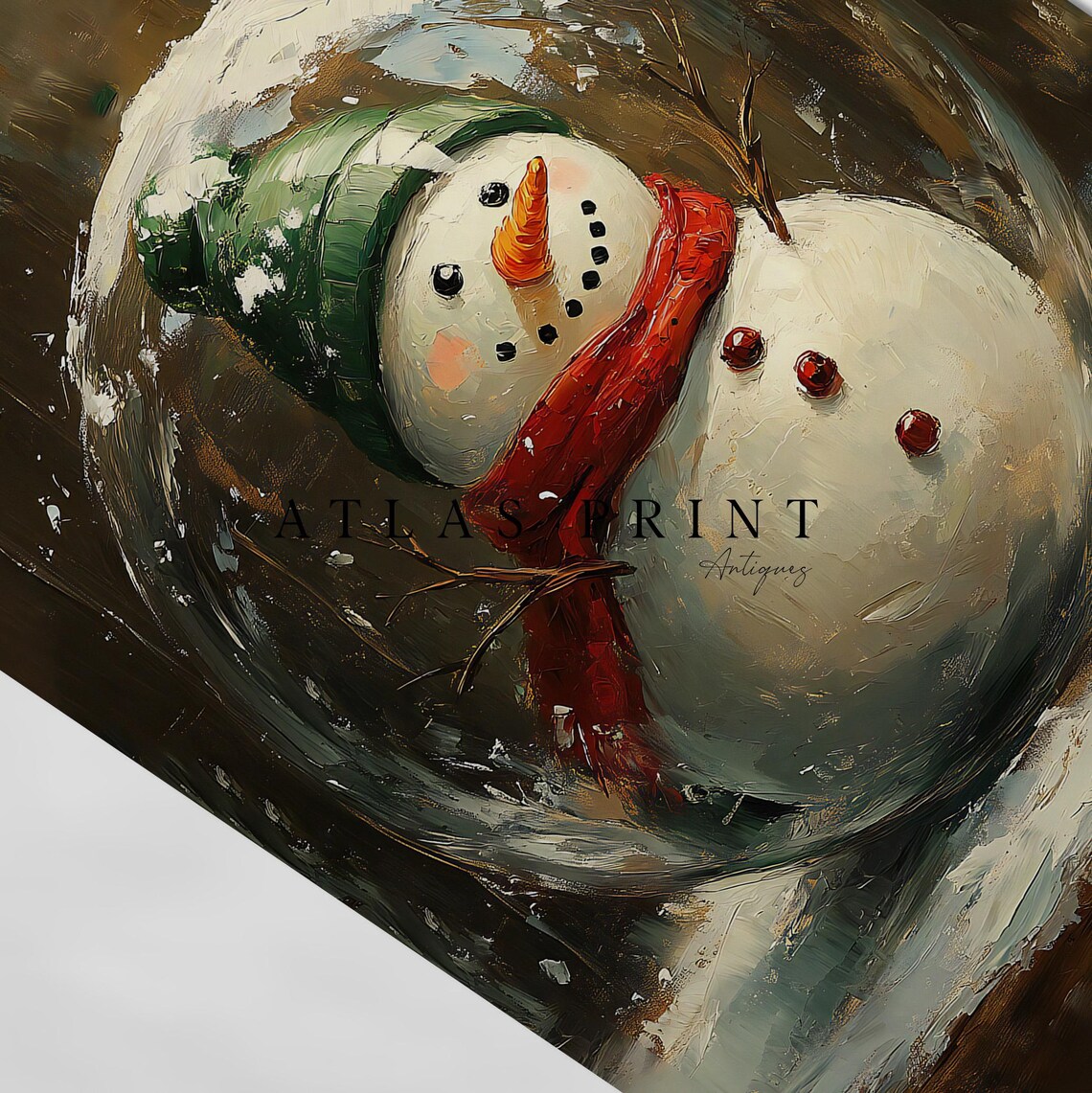 Vintage Snowman in Snow Globe Oil Painting Festive Christmas Print - Image 4