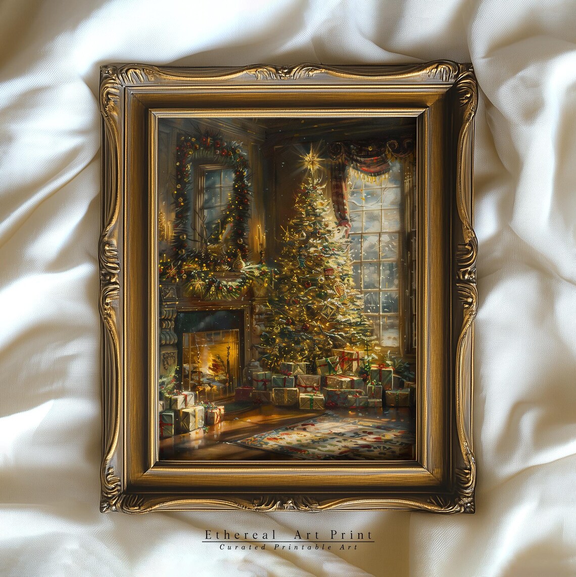Cozy Vintage Christmas Living Room Tree Fireplace Oil Painting Poster - Image 2