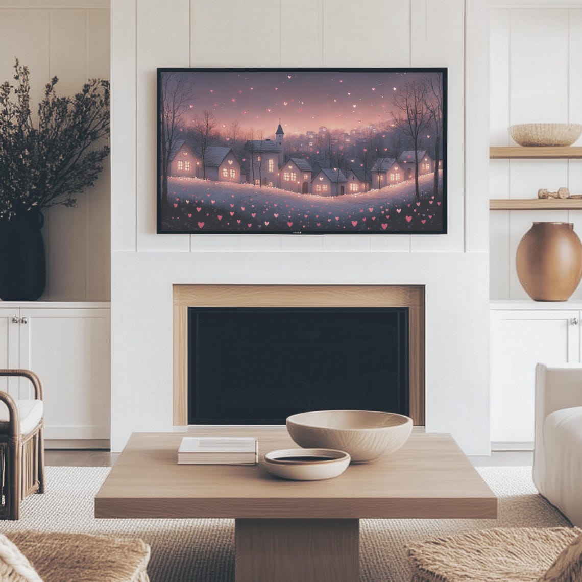 Snowy Village Night With Glowing Hearts Under Pink Sky Wall Art - Image 3