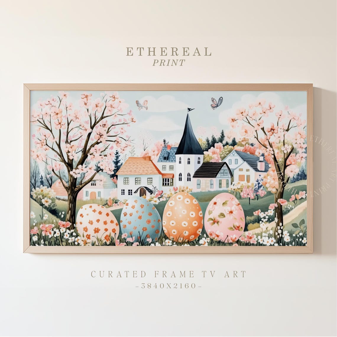 Giant Decorated Easter Eggs Village Cherry Blossom Spring Wall Art