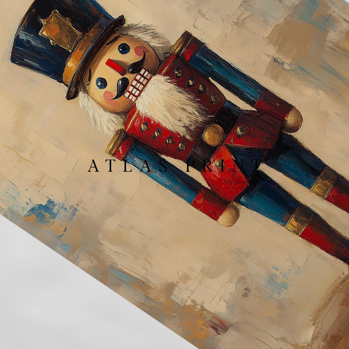Blue Red Nutcracker Soldier Vintage Oil Painting Christmas Wall Art - Image 4