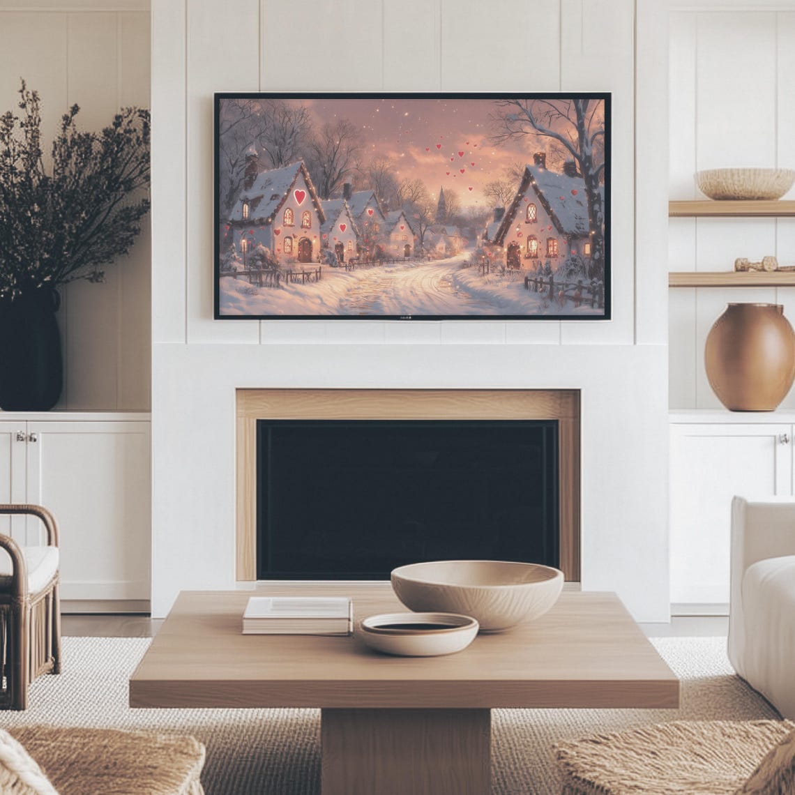 Snowy Village At Sunset With Floating Hearts Winter Romance Wall Art - Image 2