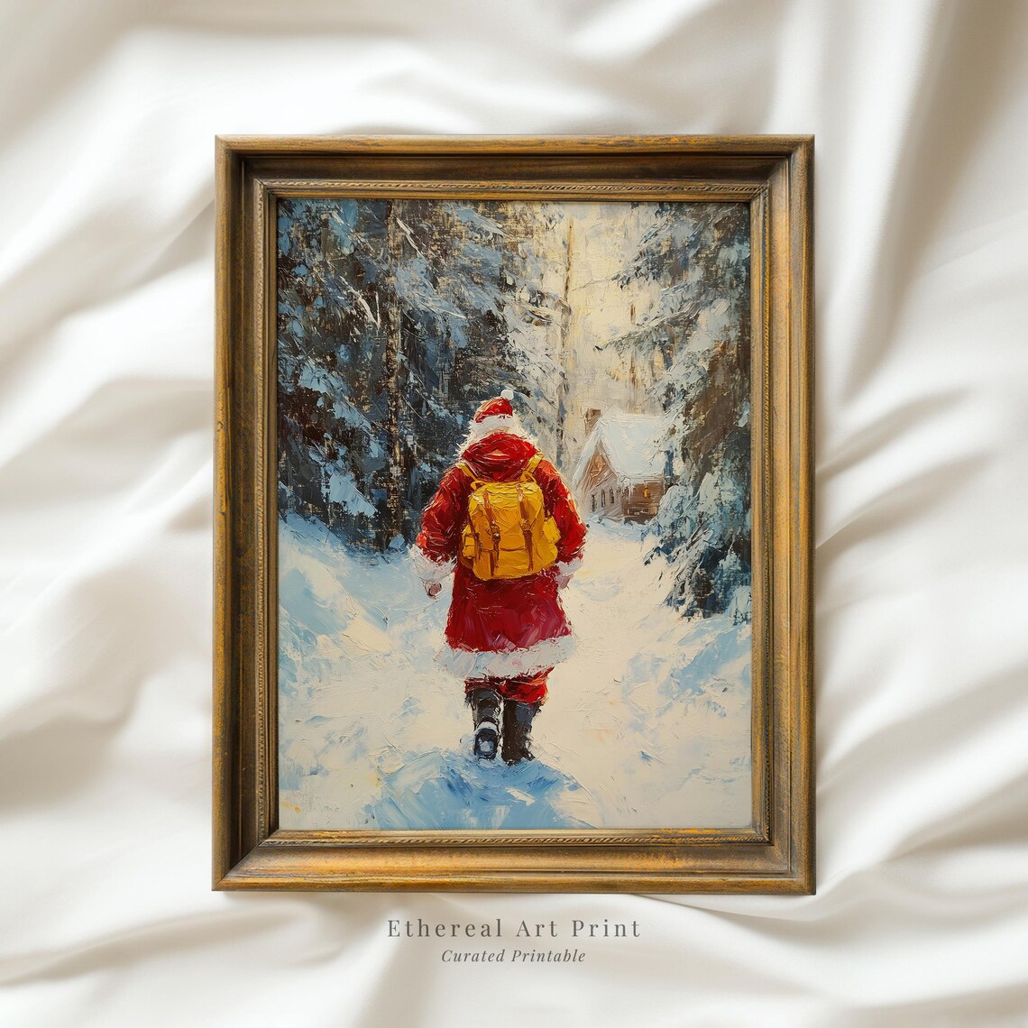 Santa Claus With Gift Backpack In Snowy Forest Christmas Art Print
