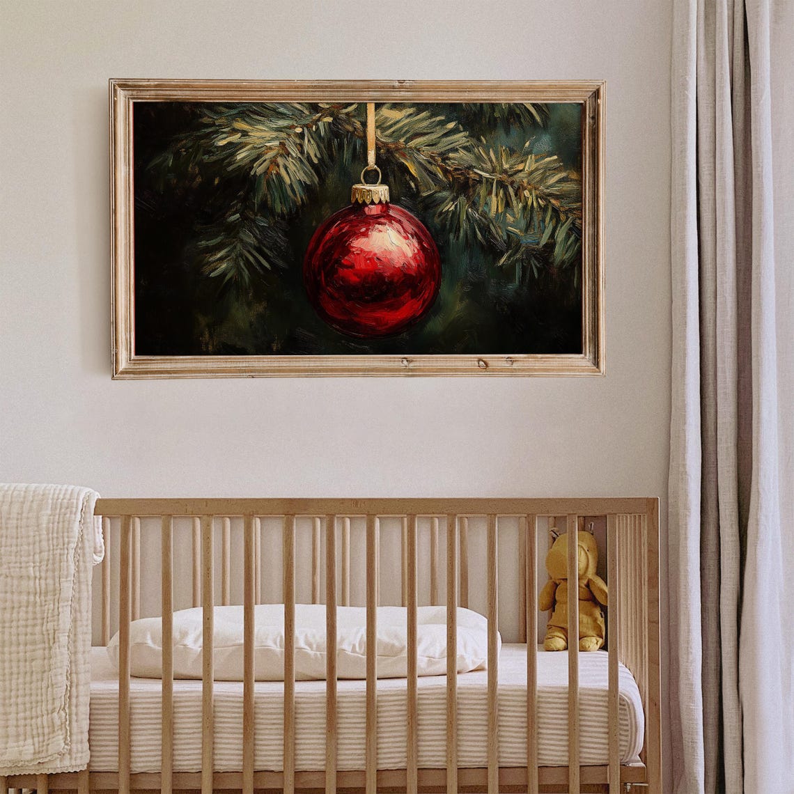 Red Christmas Bauble On Pine Branch Moody Oil Painting Wall Art - Image 4