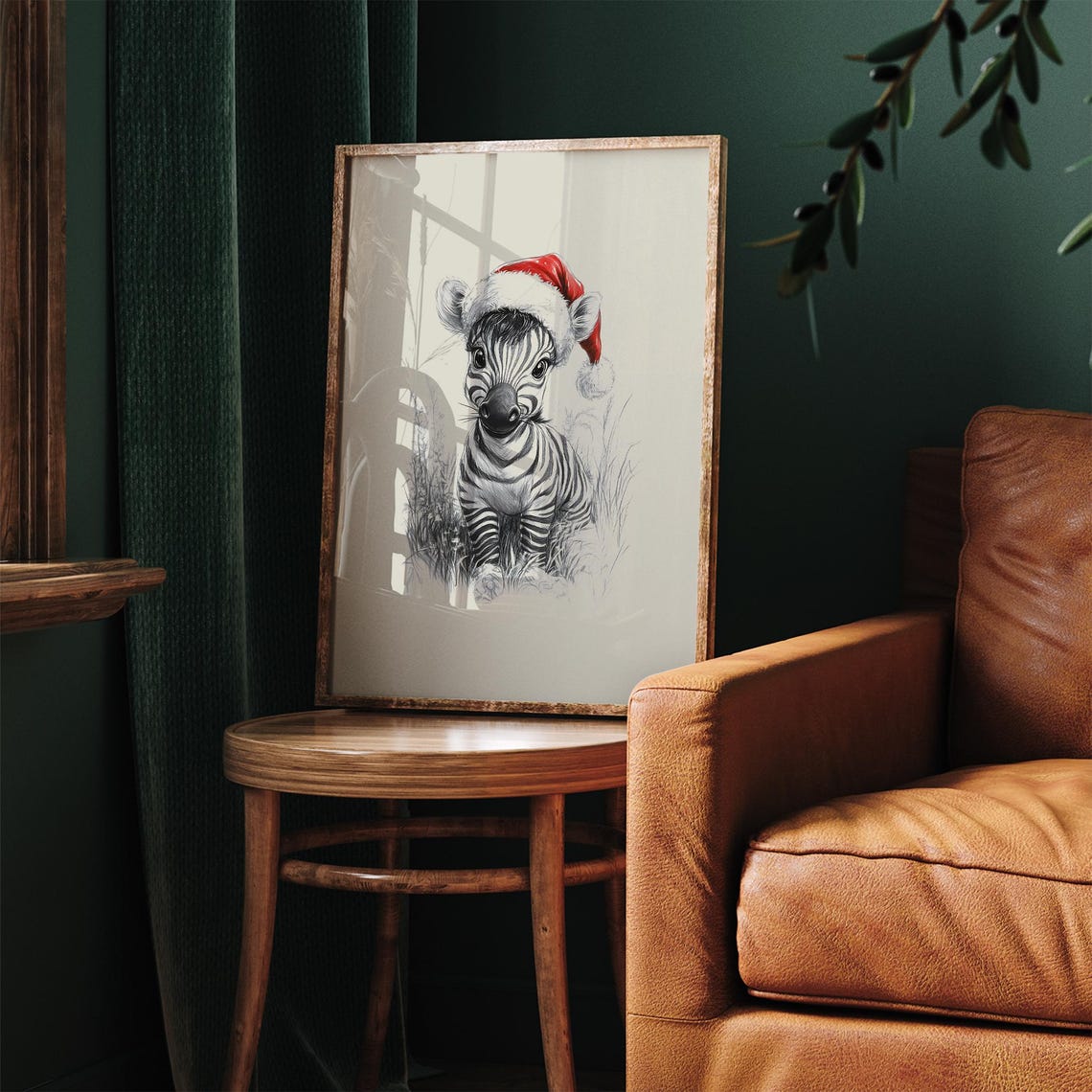 Cute Baby Zebra With Santa Hat Sketch Neutral Christmas Nursery Wall Decor Vintage Winter Wall Art Zebra Drawing Prints - Image 2