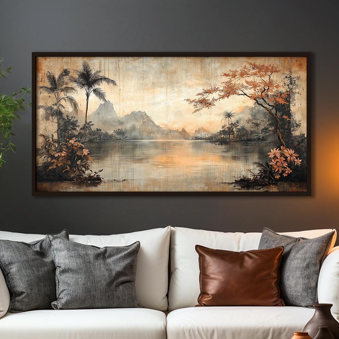 Asian Style Tropical Lagoon Palms Misty Mountain Vintage Art Poster