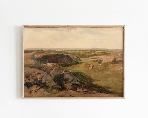 Serene Landscape Print Grass Field And Small Mountains Rustic Vintage Oil Painting For Living Room Bedroom Or Farmhouse Wall Art Dcor