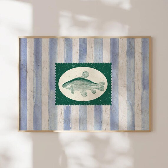 Vintage Striped Fish Print Kitchen Green Retro Wall Art Rustic Mid Century Modern Food Home Decor