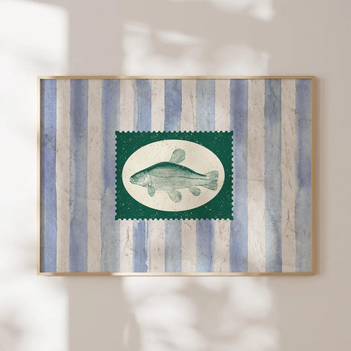 Vintage Fish Postage Stamp Deep Green Engraved Coastal Art Print