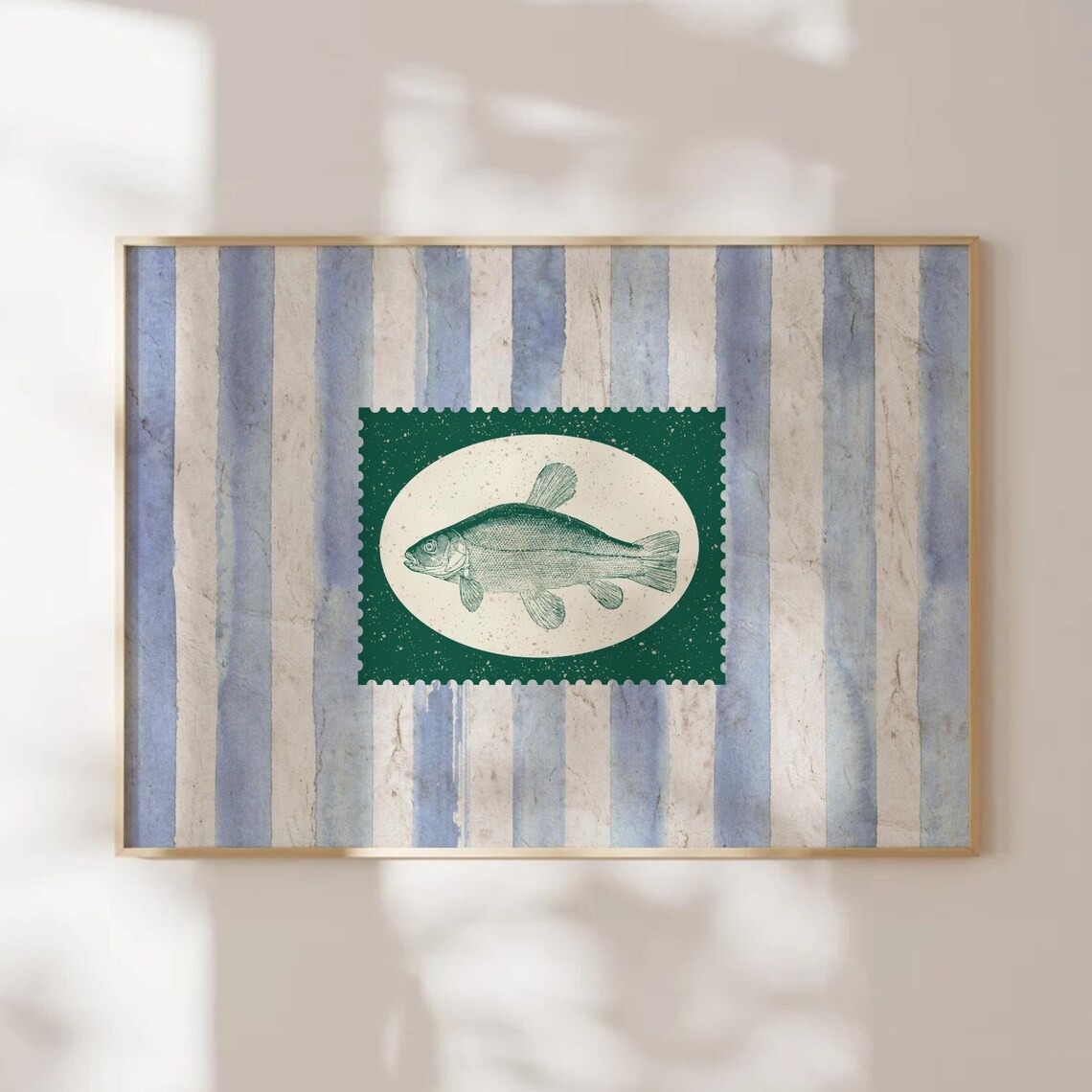 Vintage Striped Fish Print Kitchen Green Retro Wall Art Rustic Mid Century Modern Food Home Decor