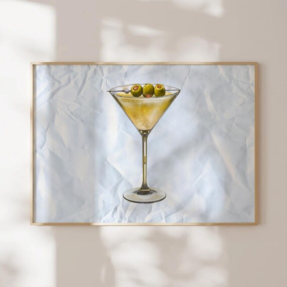 Martini Glass With Three Olives Watercolor Chic Bar Decor Poster