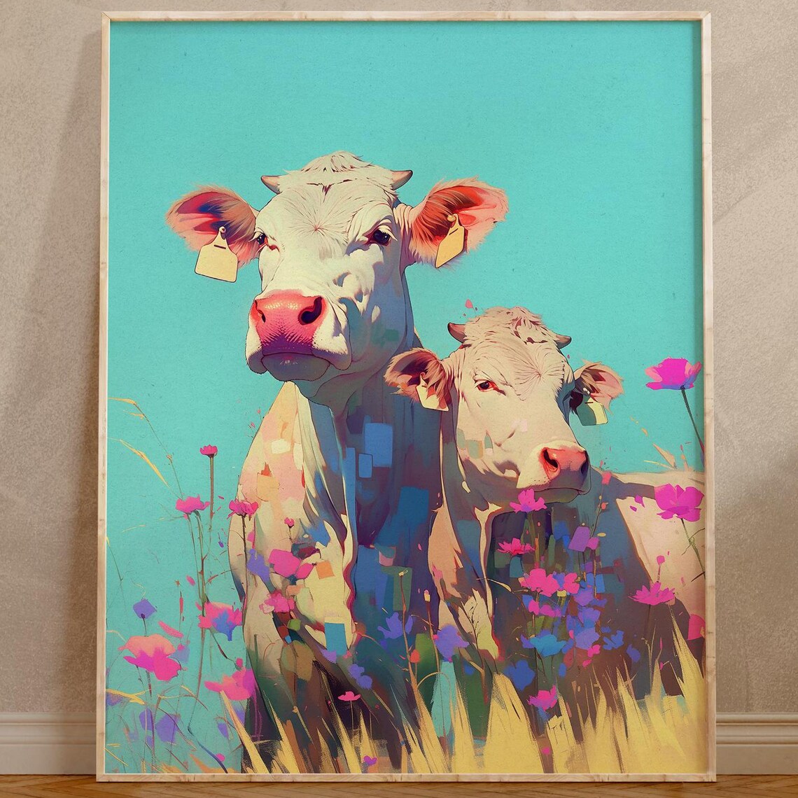 Two White Cows Among Pink Wildflowers on a Turquoise Sky Poster
