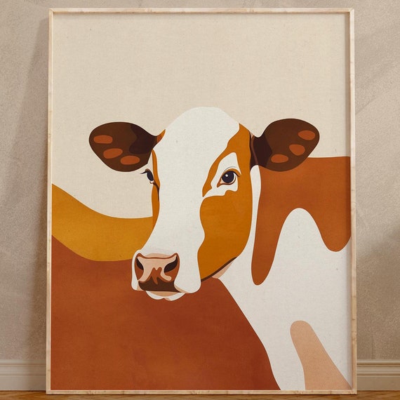 Simplified Vintage Modern Minimalist Cow Decor Dynamic Minimal Art Geometric Cow Design Contemporary Cow Illustration