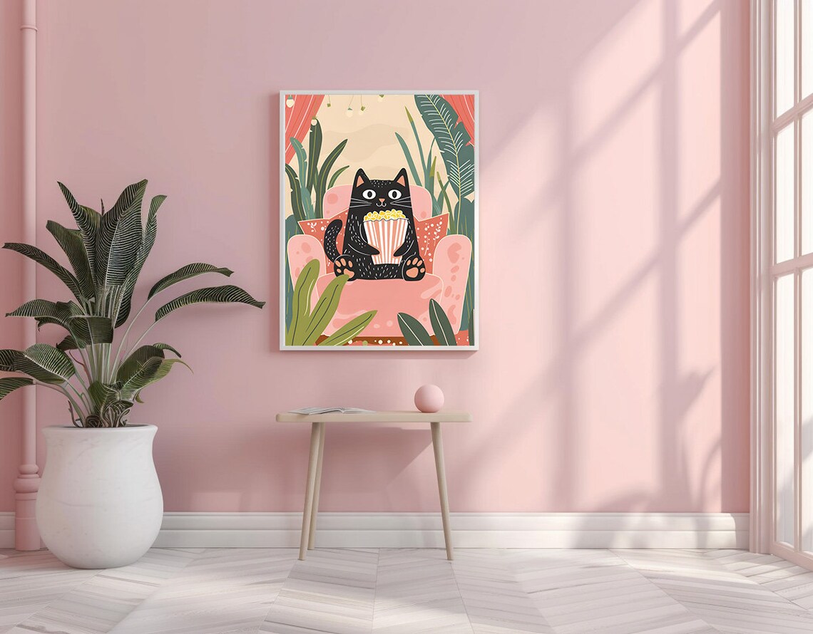 Black Cat Movie Night Popcorn on Pink Couch With Plants Poster - Image 3