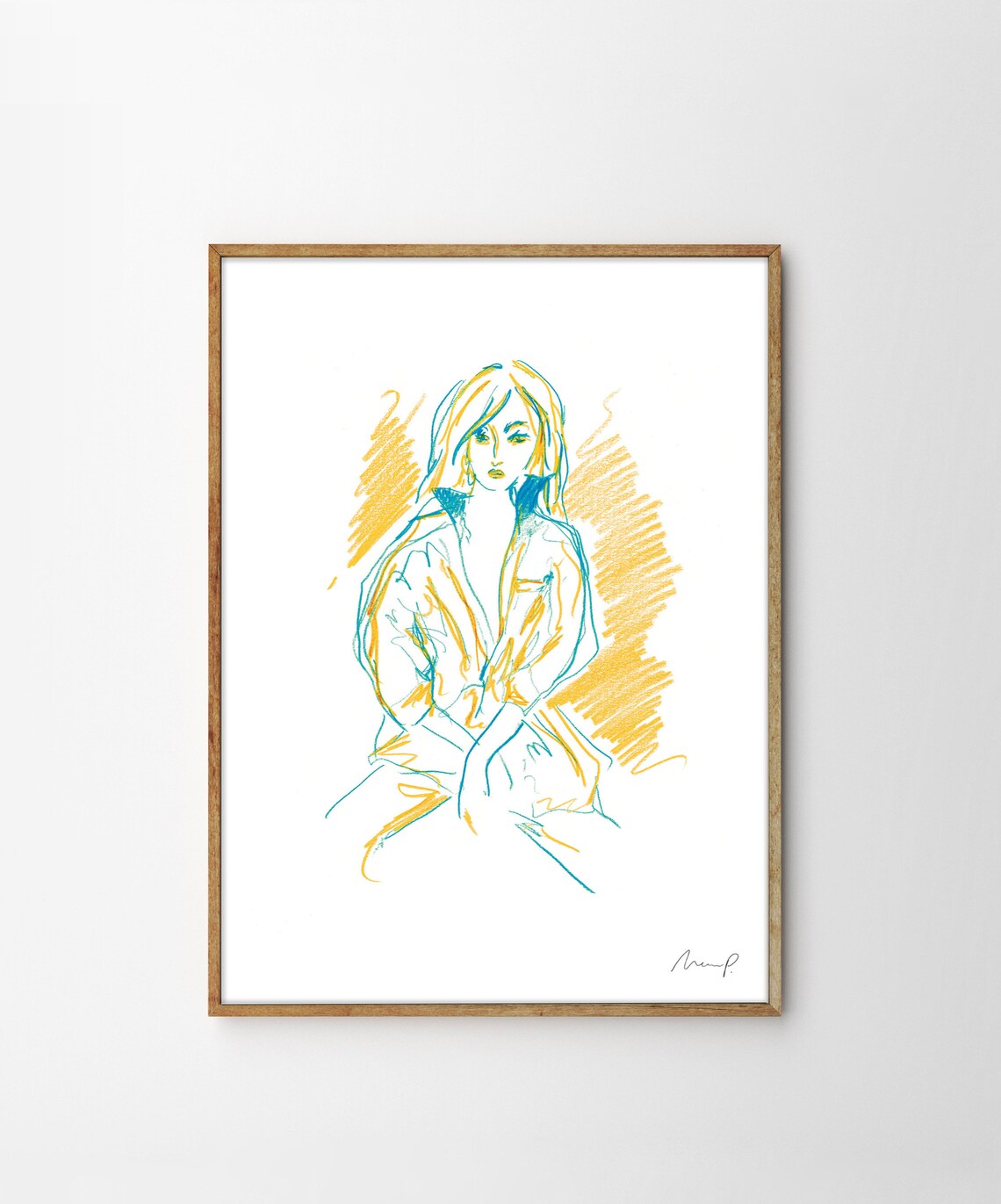 Lively Fashion Sketch Seated Woman Blue Yellow Crayon Art Poster - Image 4