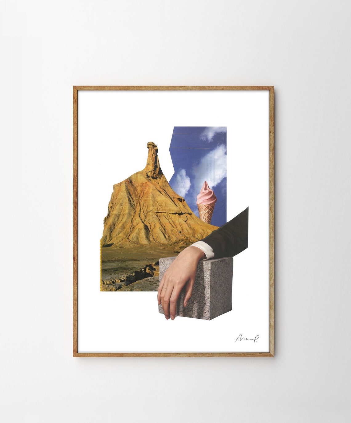 Witty Surreal Collage Desert Rock Pink Ice Cream Cone Art Poster - Image 4