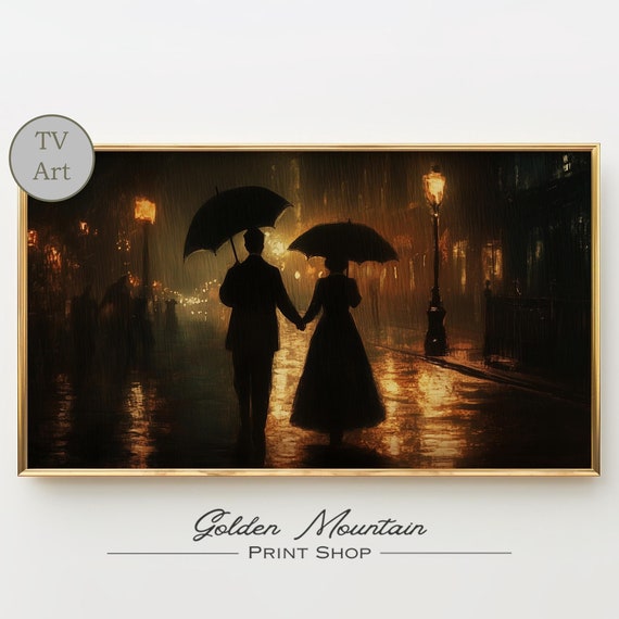 Valentines Day Rain Tv Art Romantic Couple Wall Art Moody Valentines Tv Art Valentine Print Dark Cityscape