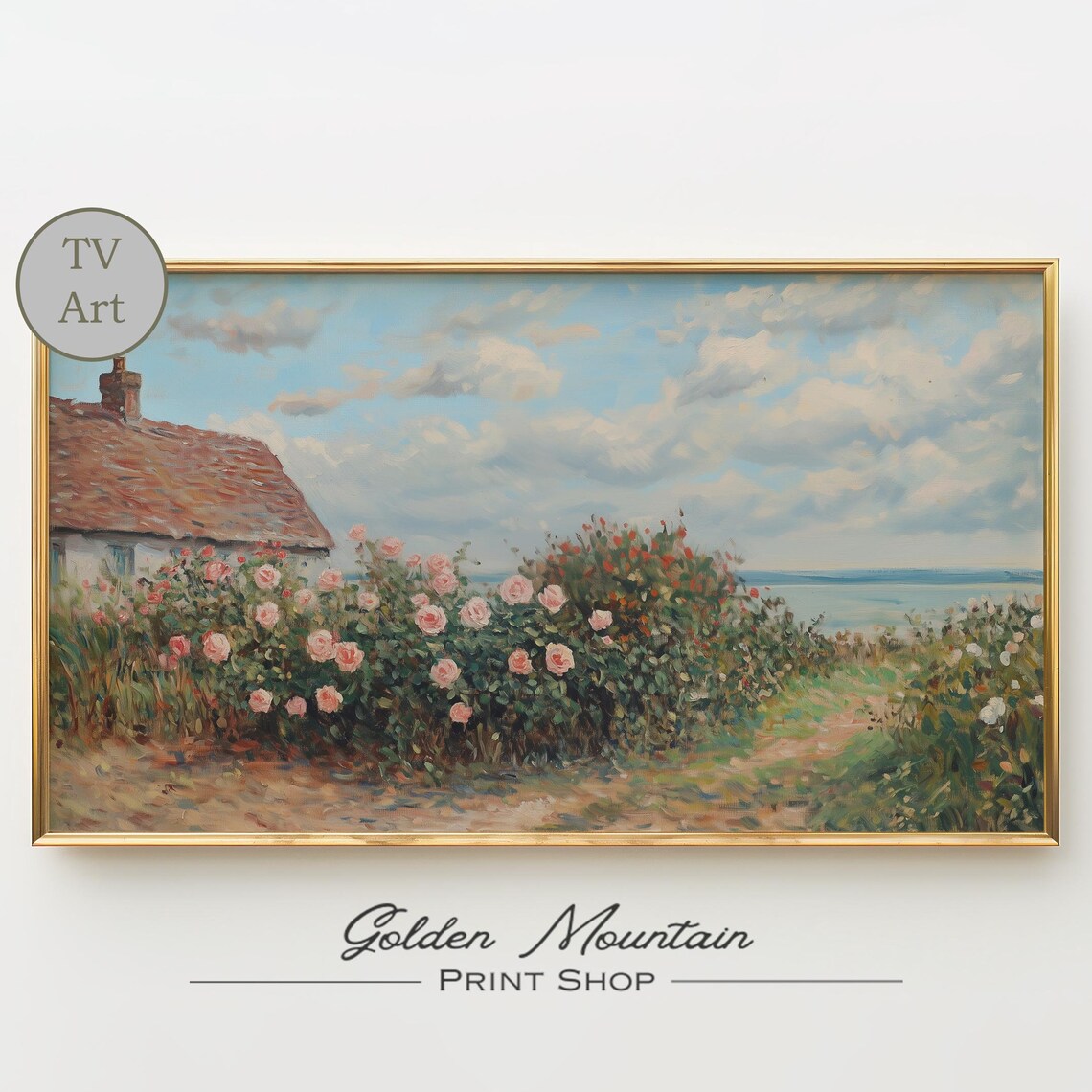 Coastal Cottage Pink Rose Garden Seaside Vintage Frame TV Art Print