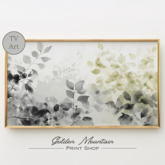 Sage Green Leaf Branch Watercolor Minimalist Frame TV Art Print