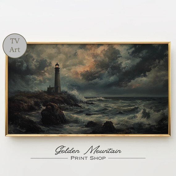 Stormy Lighthouse on Rocky Coast Dark Moody Seascape Oil Poster