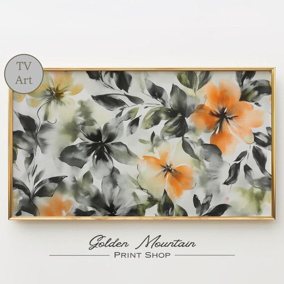 Vibrant Orange Blooms with Ink Black Leaves Abstract Floral Poster