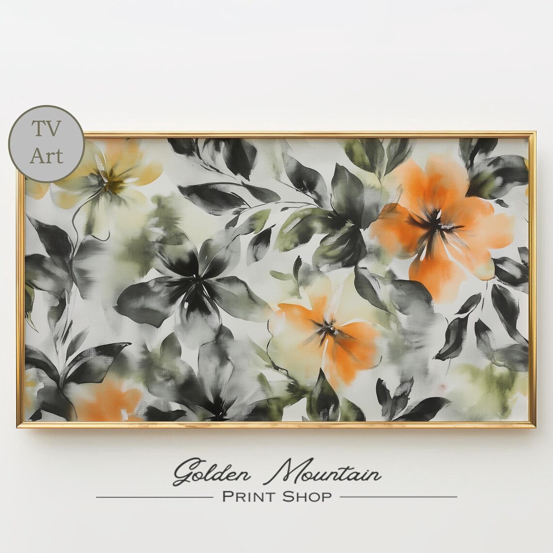 Vibrant Orange Blooms with Ink Black Leaves Abstract Floral Poster