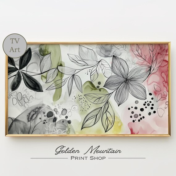 Abstract Wildflower Line Art Watercolor Floral Frame TV Art Print