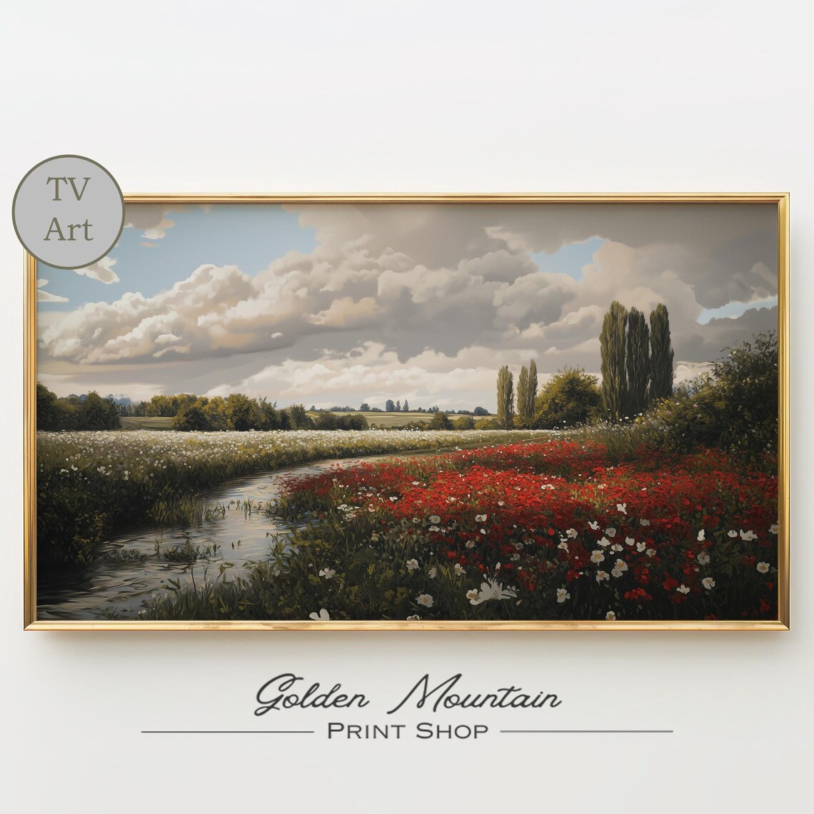 Red Poppy Wildflower Field River Dramatic Clouds Country Poster