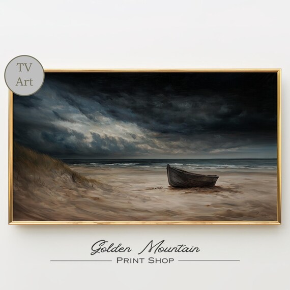 Lone Wooden Boat on Stormy Beach Dark Moody Coastal Scene Poster