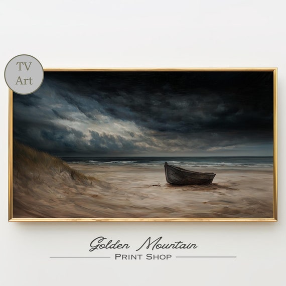 Moody Sea Waves Frame Tv Art Dark Seascape Oil Painting Ocean Boat Night Beach Frame Tv Art Instant